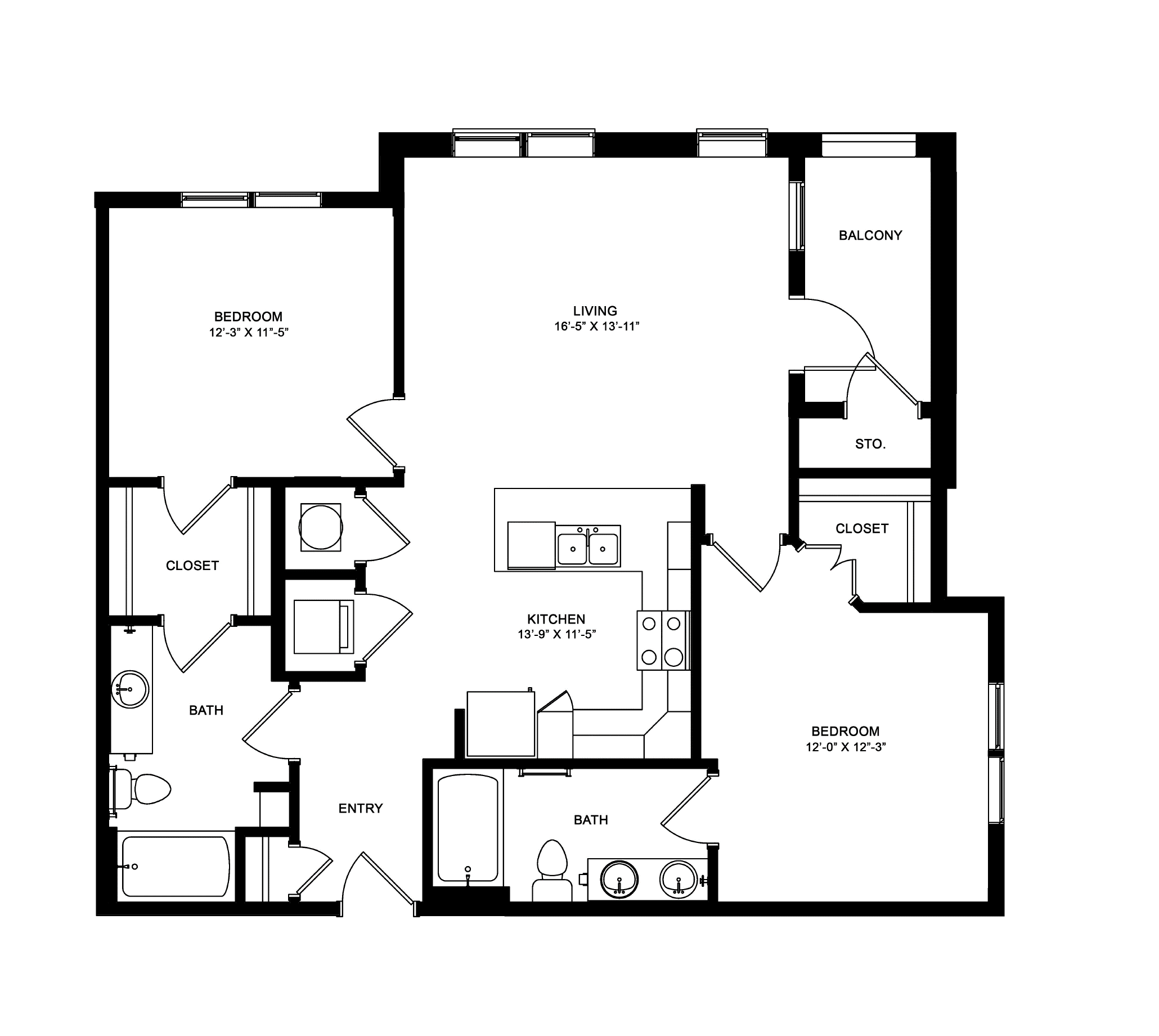 Floor plan for 2 beds, 2 baths, 1100 sqft